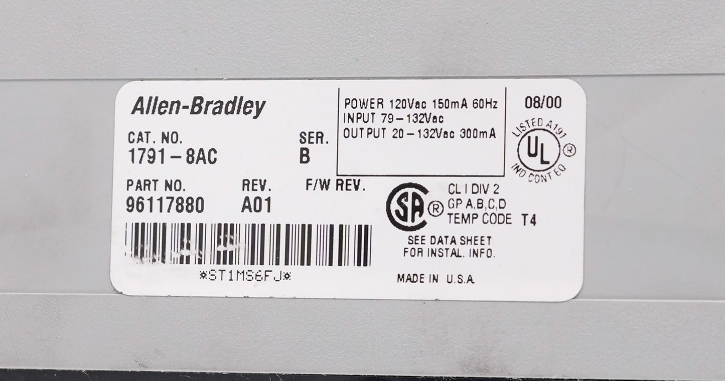 Allen Bradley 1791-8AC /B Rev. A01 Block I/O 8 Input 8 Output Module 17918AC