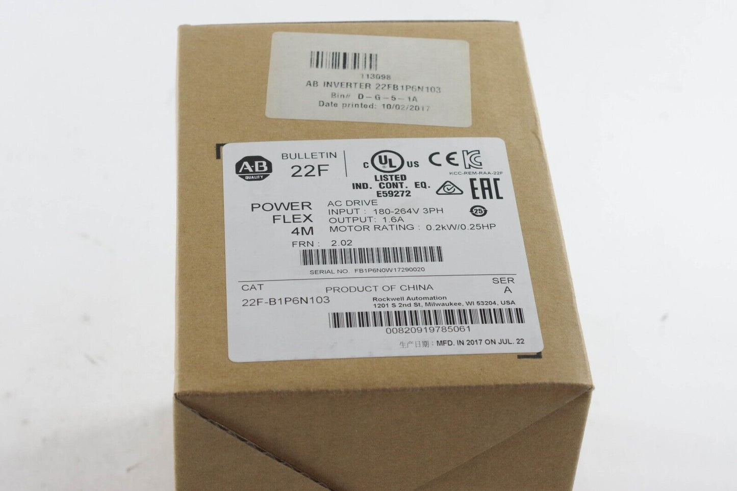 Allen Bradley 22F-B1P6N103 Ser A Powerflex 4m AC Drive .25hp - Sealed Surplus