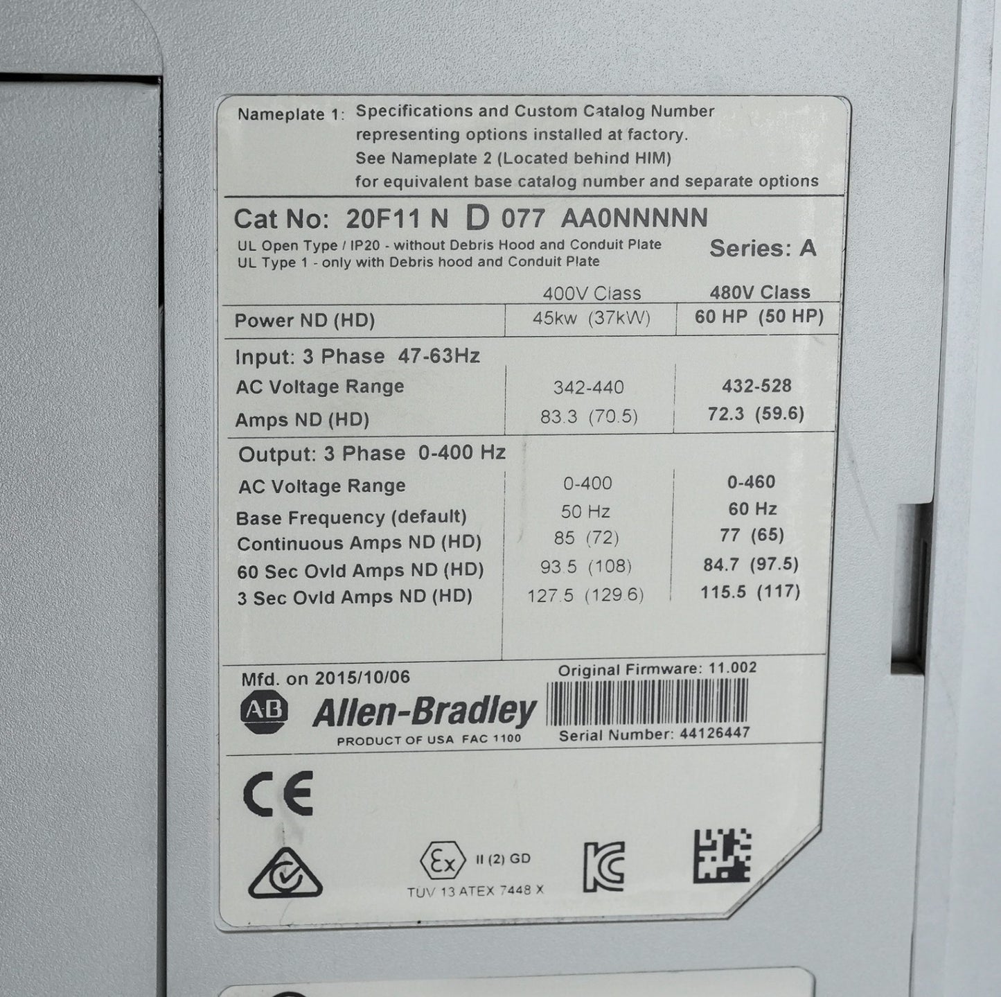 Allen Bradley 20F11ND077AA0NNNNN /A Powerflex 753 VFD Drive 3-Phase 480V