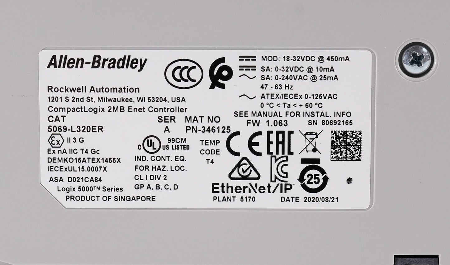 Allen Bradley 5069-L320ER /A CompactLogix 5380 Controller 2MB Memory 5069L320ER