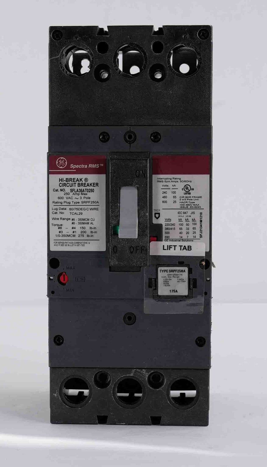 GE SFLA36AT0250 Spectra RMS Circuit Breaker 3 Pole 250 Amp Max 600 VAC
