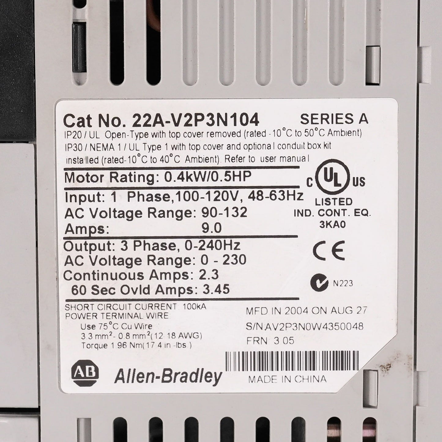 Allen Bradley 22A-V2P3N104 PowerFlex 4 AC Drive 120V 0.5HP 0.4kW 2.3A