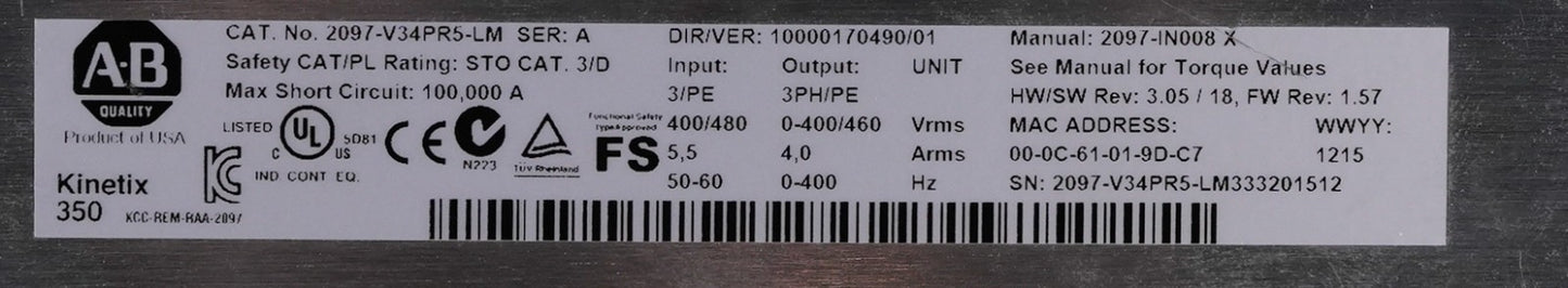 Allen Bradley 2097-V34PR5-LM /A Kinetix 350 3-Ph AC Servo Drive + 1 yr Warranty