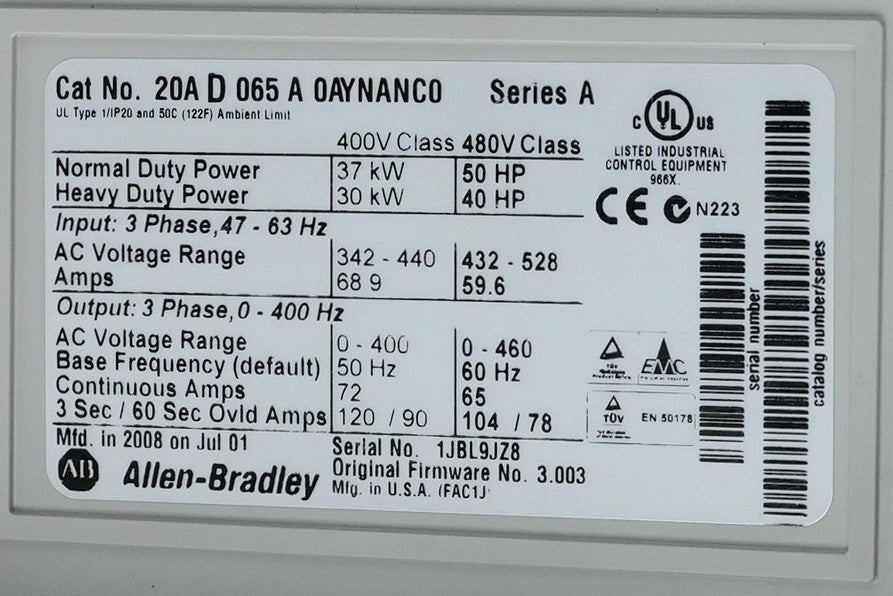 Allen Bradley 20AD065A0AYNANC0 /A 480V Powerflex 70 AC Drive - Refurb + Warranty