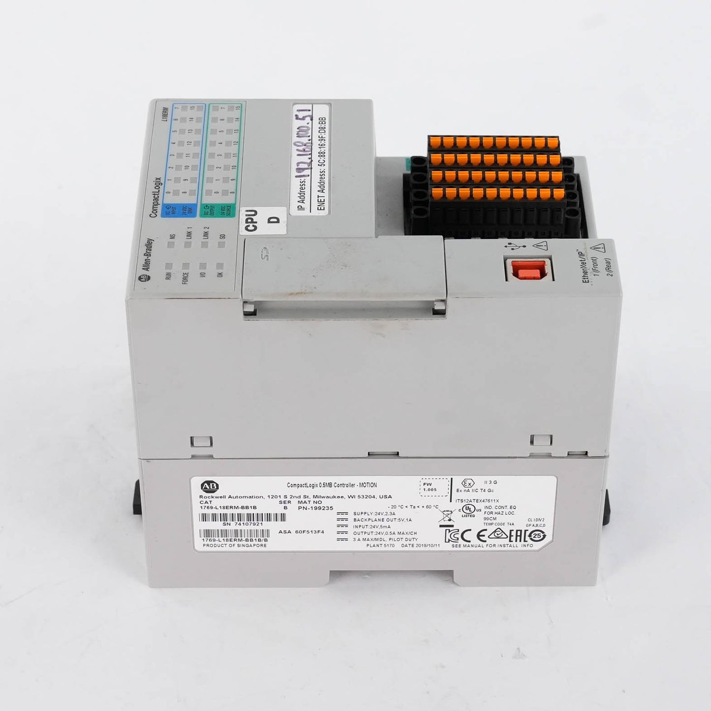 Allen Bradley 1769-L18ERM-BB1B Ser B CompactLogix 0.5MB (retake pictures)