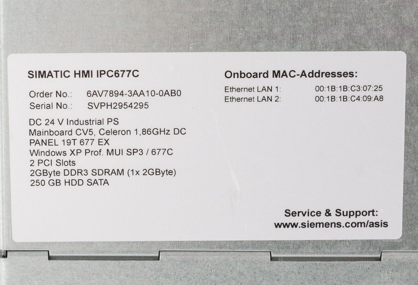 Siemens 19" Simatic IPC HMI IPC677C 6AV7894-3AA10-0AB0 / 1P6AV78943AA100AB0