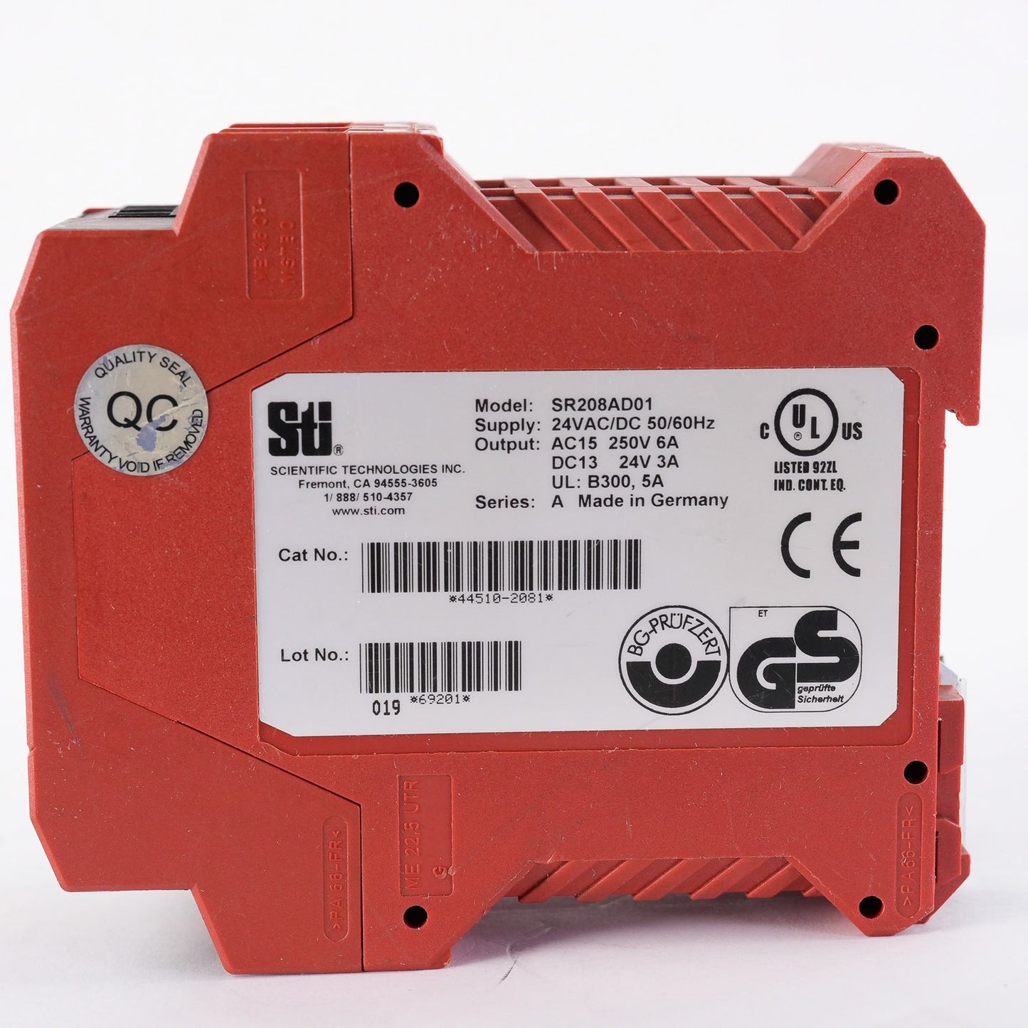 STI SR208AD01 Safety Relay 24VAC/DC 50/60Hz 250V 6A SR208AD01