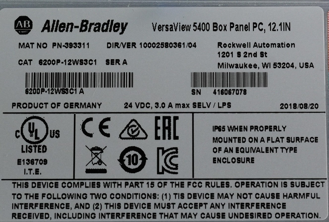 Allen Bradley 6200P-12WS3C1 /A VersaView 5400 Panel PC Win 10 12WS3A1 / 12WS3B1