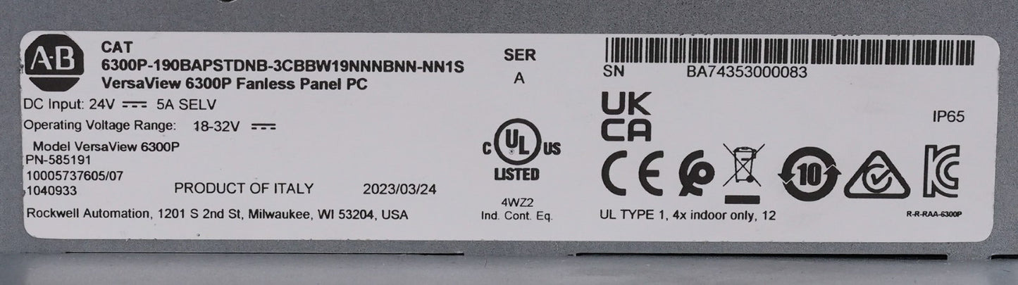 Allen Bradley 6300P-190BAPSTDNB-3CBBW19NNNBNN-NN1S Panel PC Failed OS For Parts