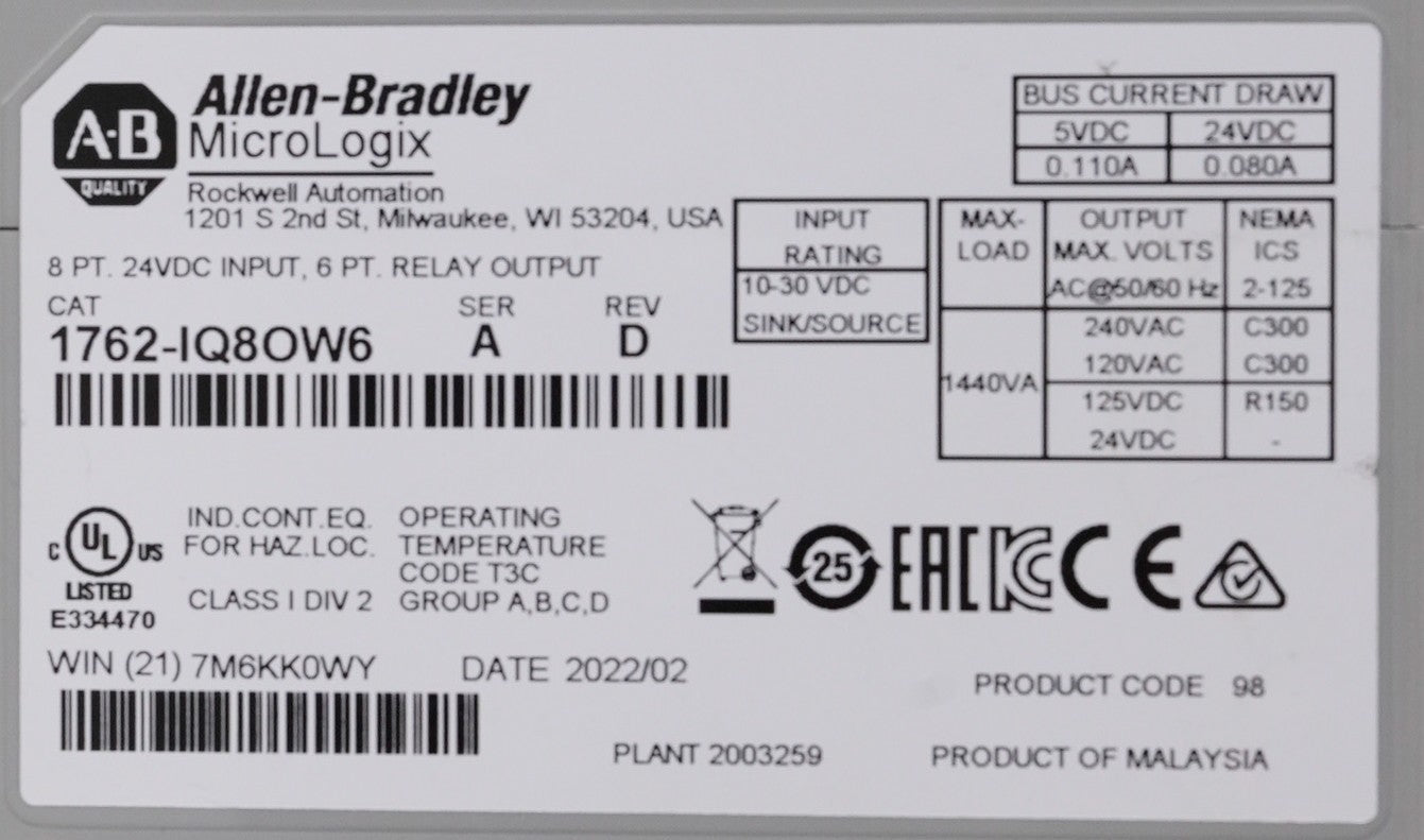 Allen Bradley 1762-IQ8OW6 /A MicroLogix 8Pt Input 6Pt Relay Output Module IQ80W6