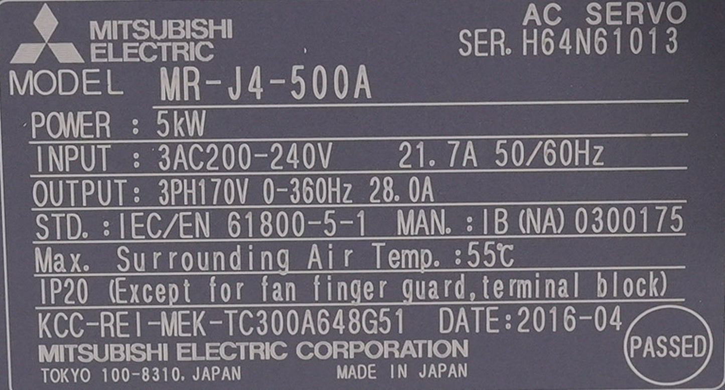 Mitsubishi Electric MR-J4-500A Servo Drive 5kW 200-240V 3-Phase MRJ4500A
