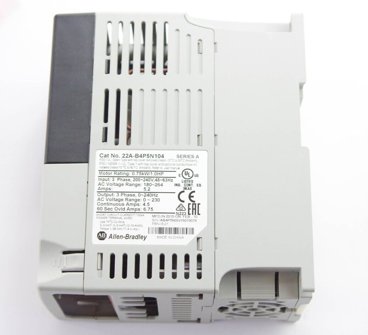 Allen Bradley 22A-B4P5N104 / 22AB4P5N104 Ser A PowerFlex 4 AC Drive 0.75kW/1.0HP