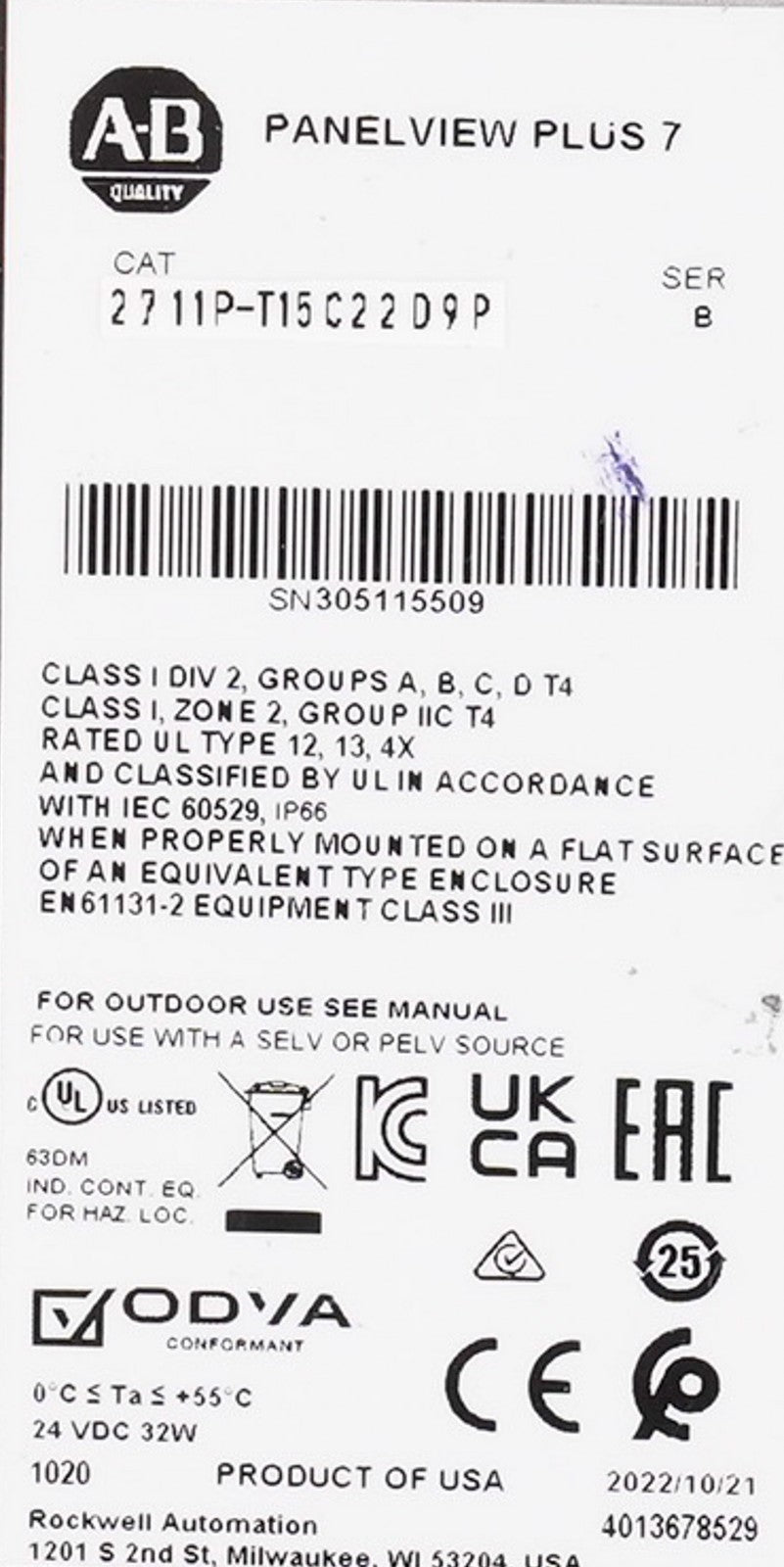 Allen Bradley 2711P-T15C22D9P /B PanelView Plus 7 HMI 2711PT15C22D9P Series B