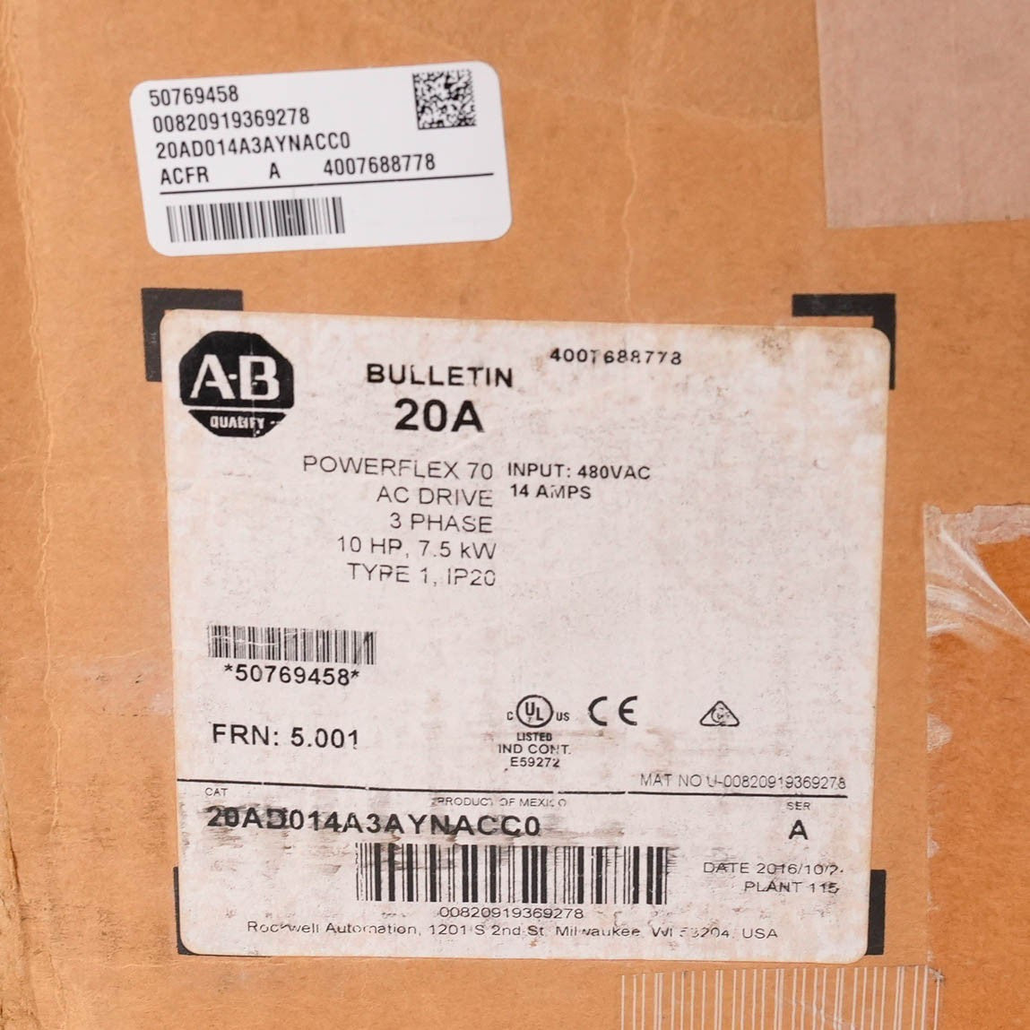 Allen Bradley 20AD014A3AYNACC0 PowerFlex 70 AC Drive 480V 14A 10HP 20AD014A3AYNA
