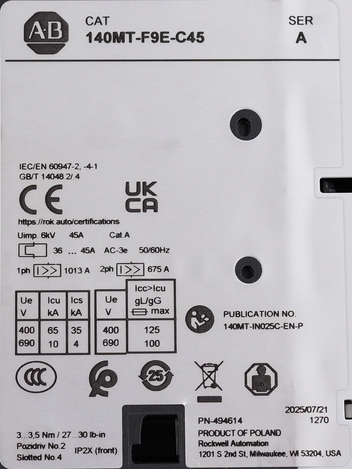 Allen Bradley 140MT-F9E-C45 /A Motor Protection Circuit Breaker - Open Box