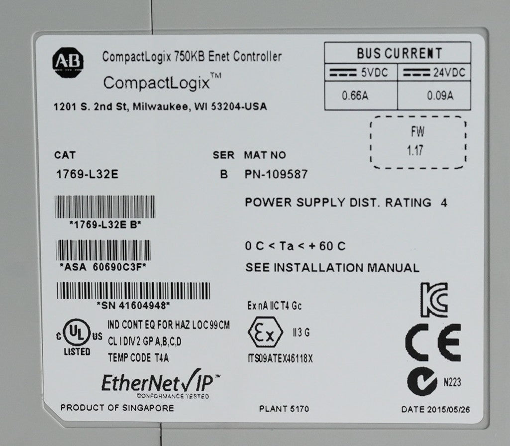 Allen Bradley 1769-L32E /B CompactLogix 750KB Enet Controller - Not Original Box