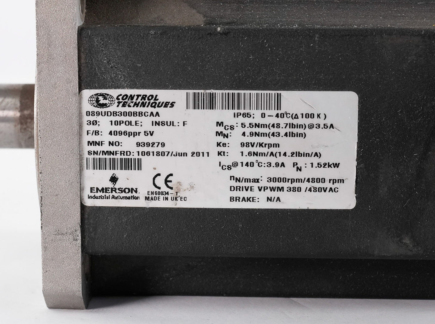 Emerson 089UDB300BBCAA Control Techniques Servo Motor 4800rpm 5.5Nm 3.5A