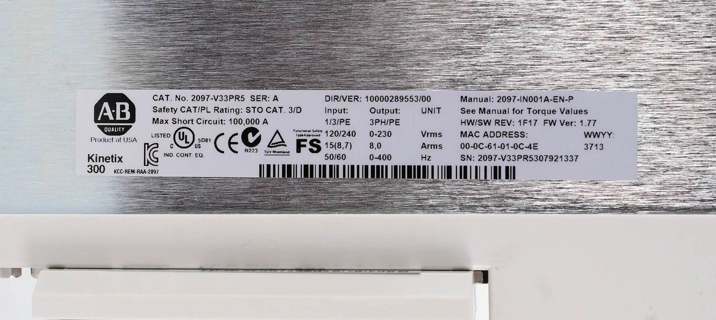Allen Bradley 2097-V33PR5 Ser A Kinetix 300 Servo Drive 240V 1-Phase 2097V33PR5