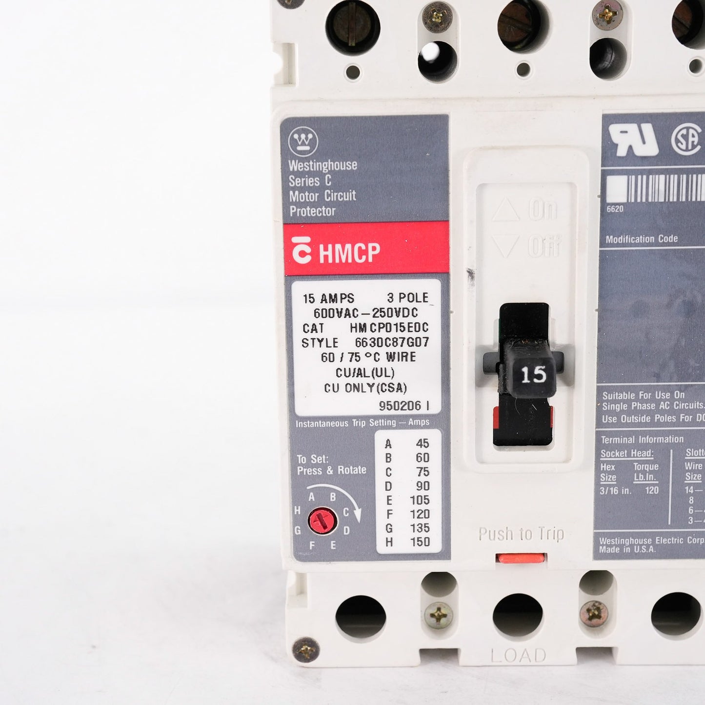 Eaton Cutler-Hammer HMCP015E0C Bolt On Circuit Breaker 15A 600V 3P HMCP