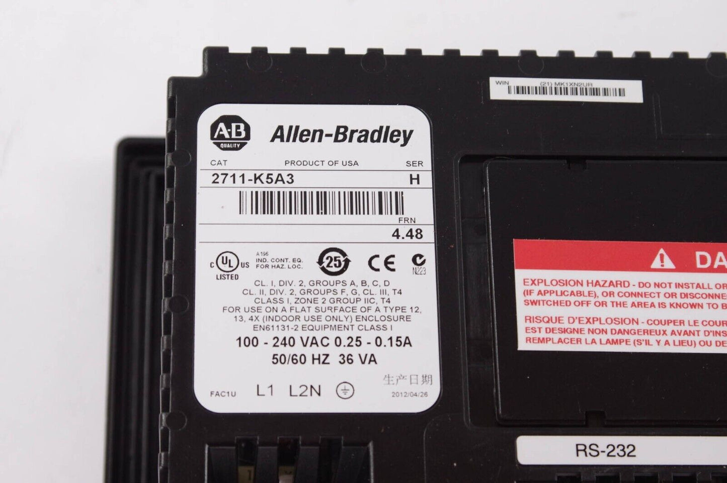 Allen Bradley 2711-K5A3 / 2711K5A3 Ser H PanelView 500 100-240VAC 50/60Hz 36VA