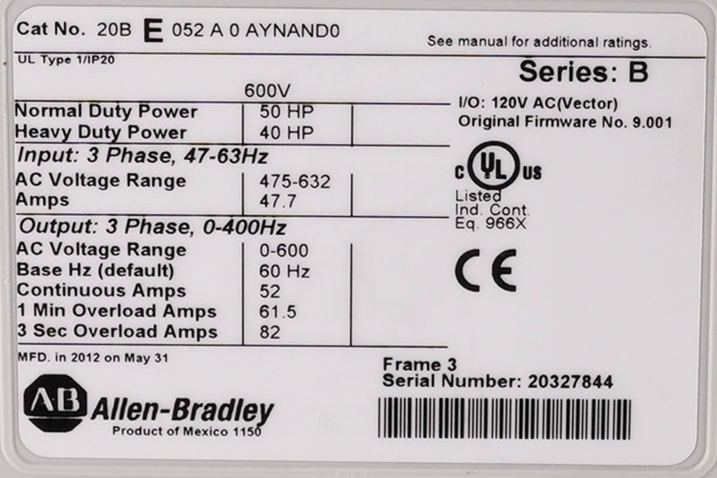 Allen Bradley 20BE052A0AYNAND0 /B PowerFlex 700 AC Drive 600V 52A 50HP with HMI