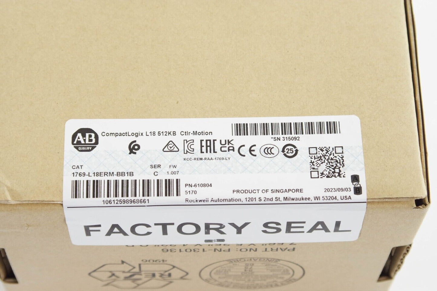 2023 Allen Bradley 1769-L18ERM-BB1B /C CompactLogix 5370 -  Sealed Surplus