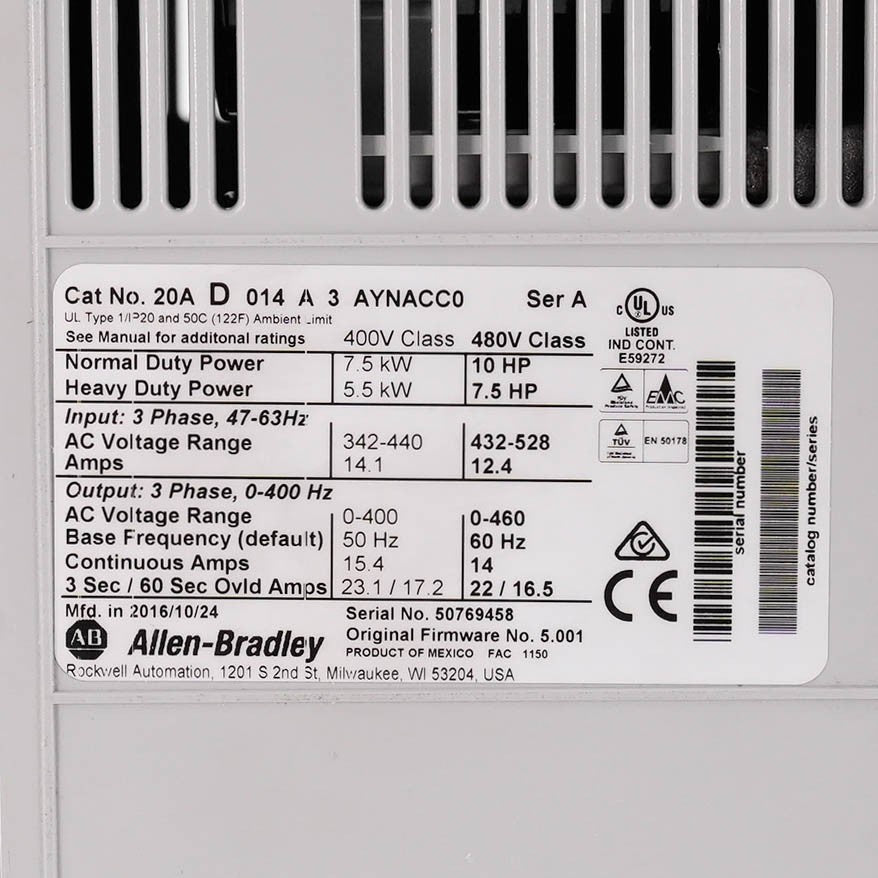 Allen Bradley 20AD014A3AYNACC0 PowerFlex 70 AC Drive 480V 14A 10HP 20AD014A3AYNA