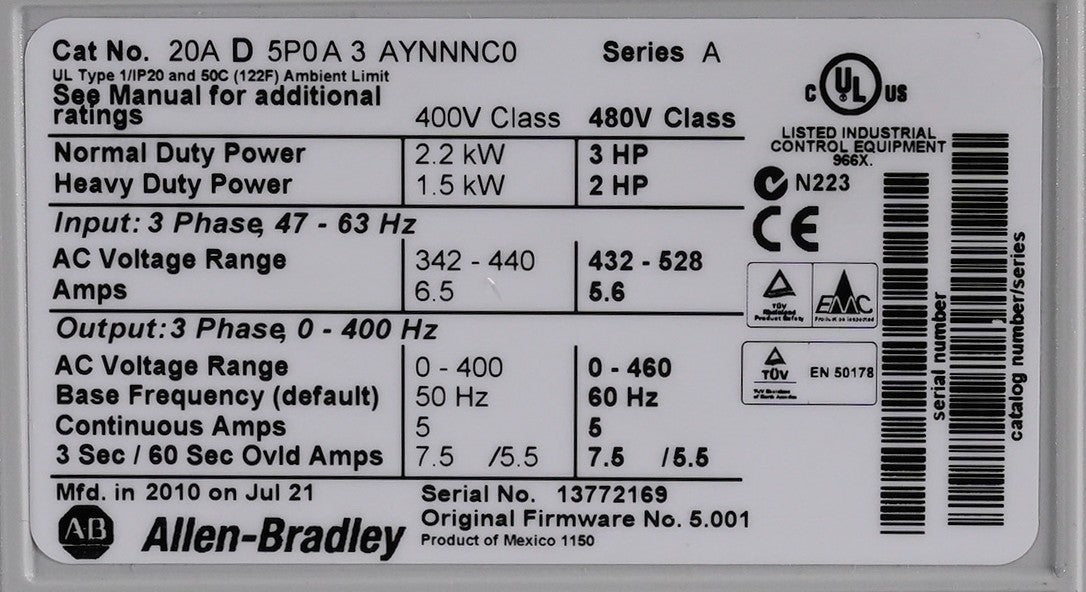 Allen-Bradley 20AD5P0A3AYNNNC0 /A PowerFlex 70 480V 3-Phase 3HP AC Drive