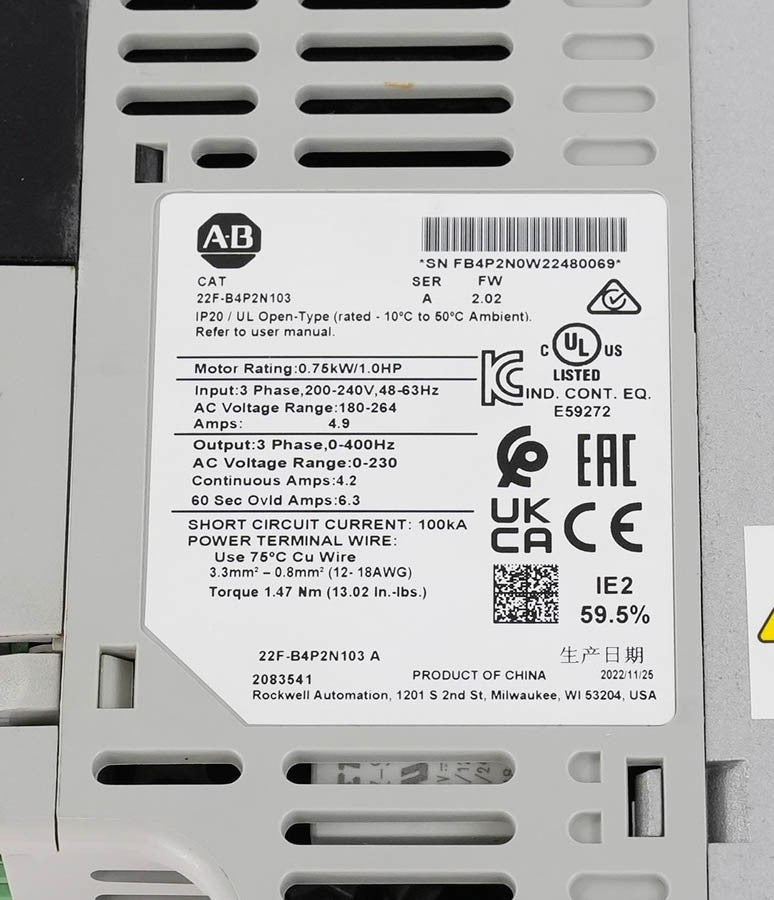 Allen Bradley 22F-B4P2N103 Ser A PowerFlex 4M AC Drive 240V 3PH 0.75kW 1HP