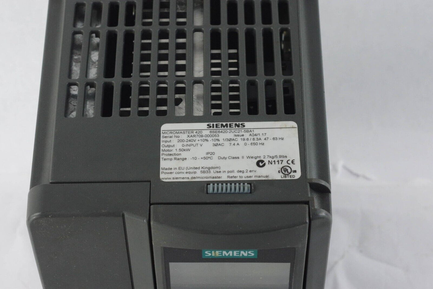 Siemens 6SE6420-2UC21-5BA1 Micromaster 420 Ac Drive - For Parts / Repair