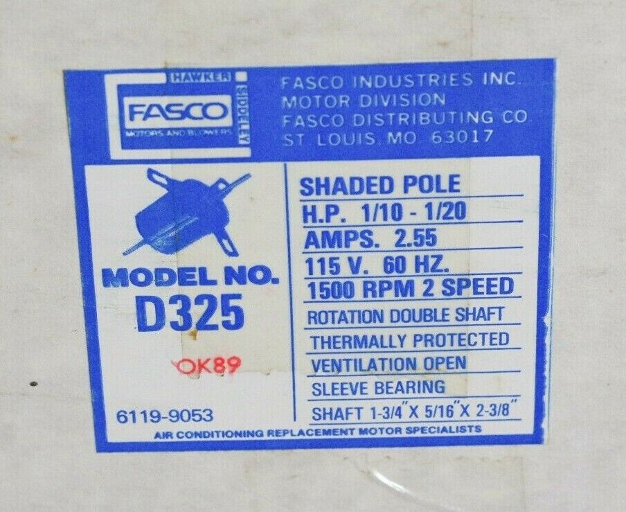 Fasco D325 Motor 1/10-1/30 HP 115V 60Hz 1500RPM 2 Speed 6119-9053