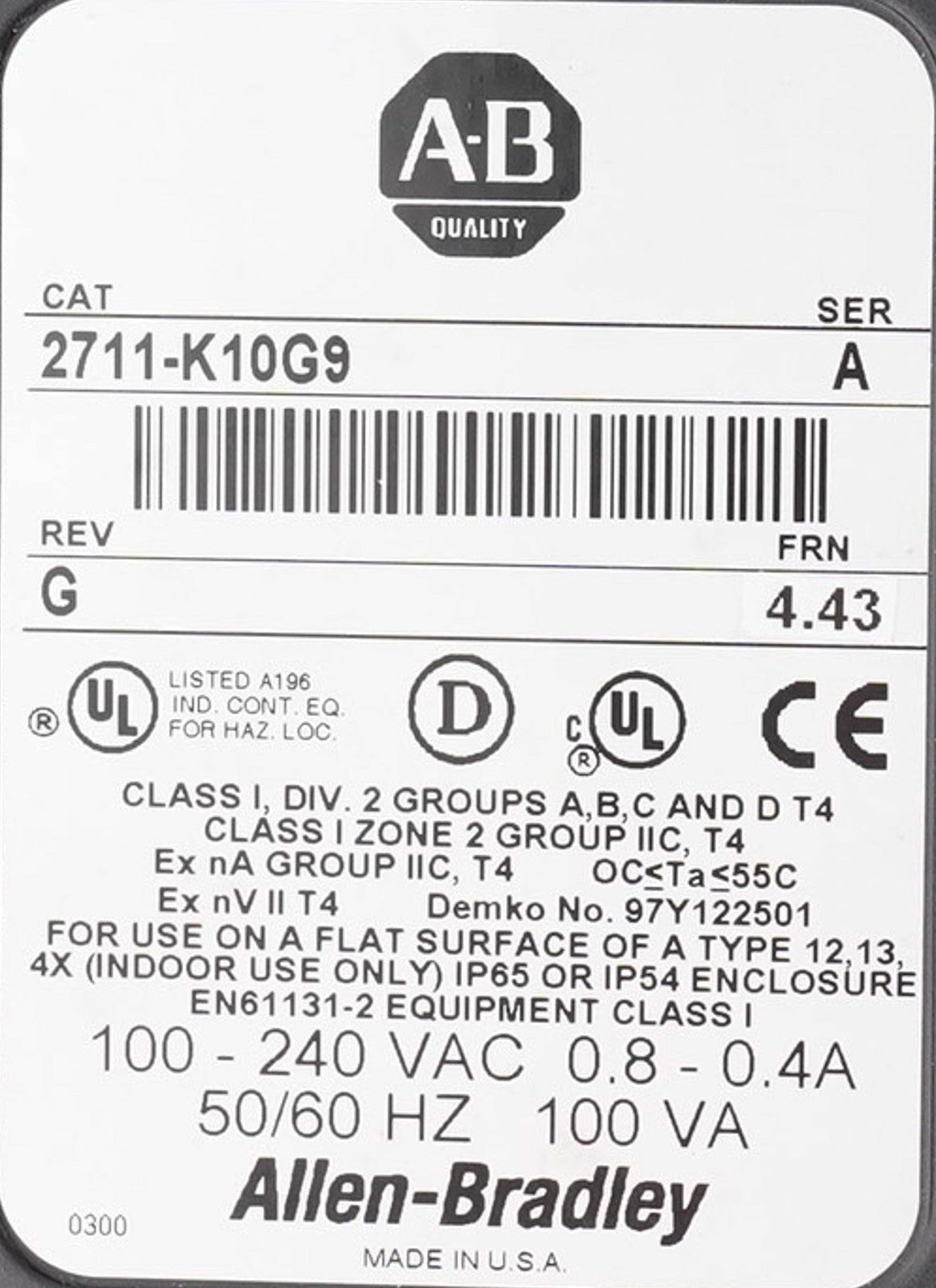 Allen Bradley 2711-K10G9 /A Rev G PanelView 1000 HMI Panel 2711K10G9