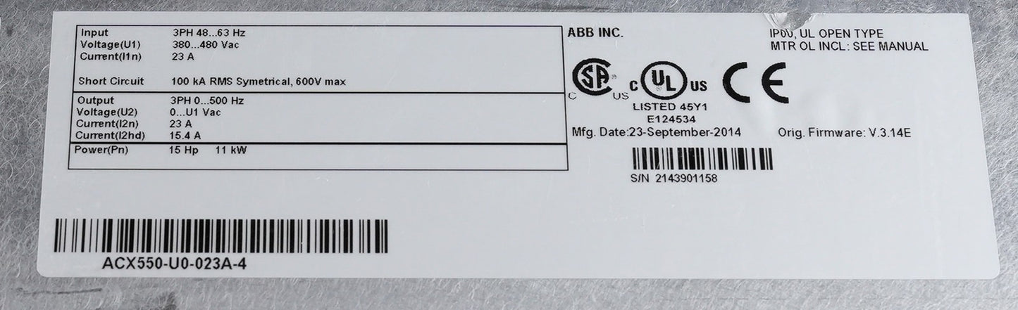ABB ACX550-U0-023A-4 Variable Frequency Drive 3Ph 23A 15HP + Warranty
