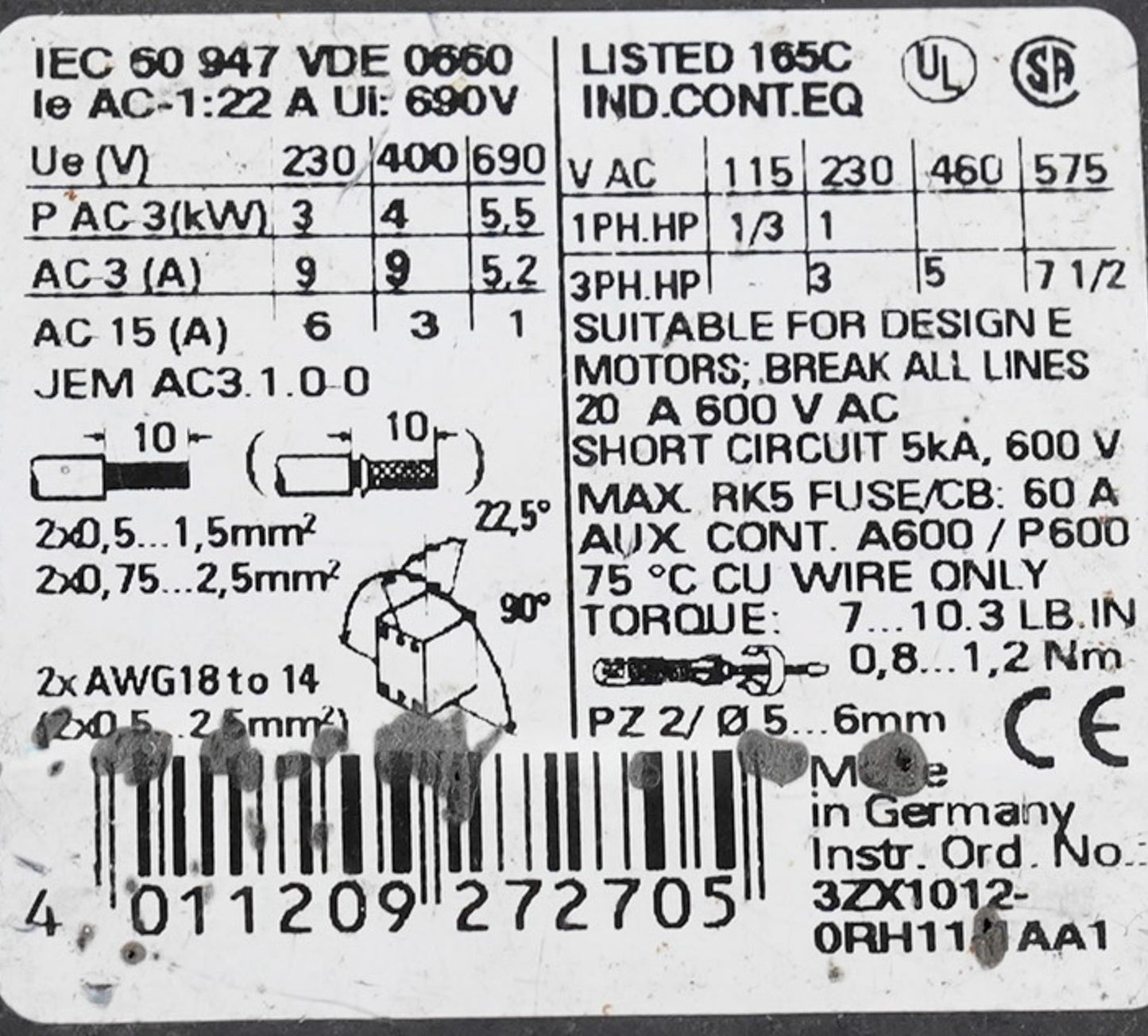 Siemens 3ZX1012-0RH11-1AA1 Sirius 3-Pole Contactor Block 3ZX1012ORH111AA1