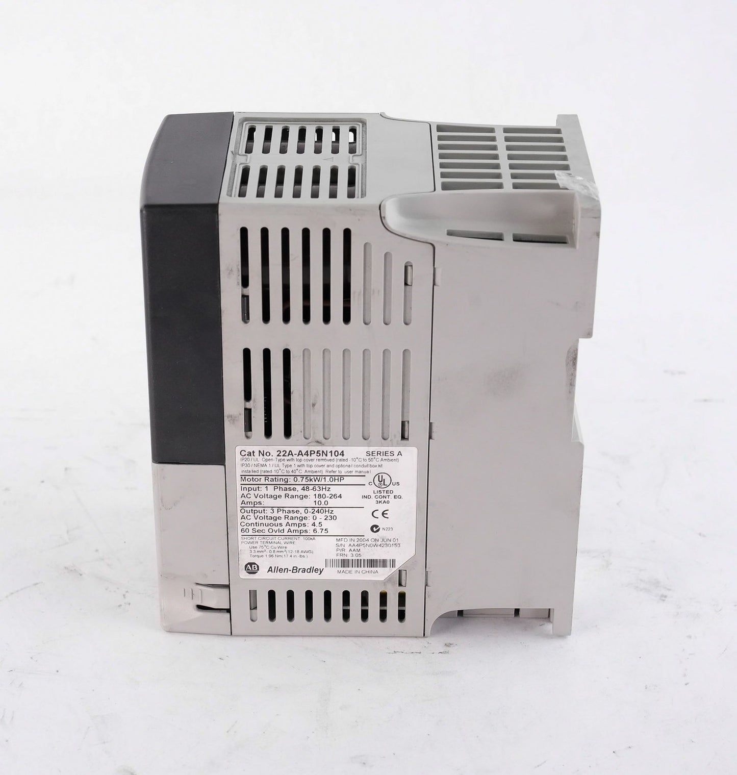 Allen Bradley 22A-A4P5N104 /A PowerFlex 4 AC Drive 3-Ph 22AA4P5N104 Used