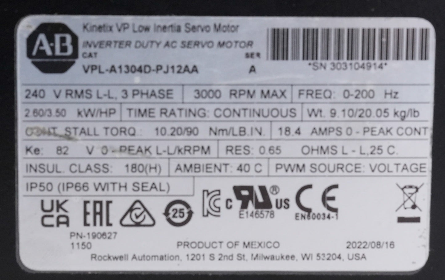 Allen Bradley VPL-A1304D-PJ12AA /A Kinetix VP Low Inertia AC Servo Motor
