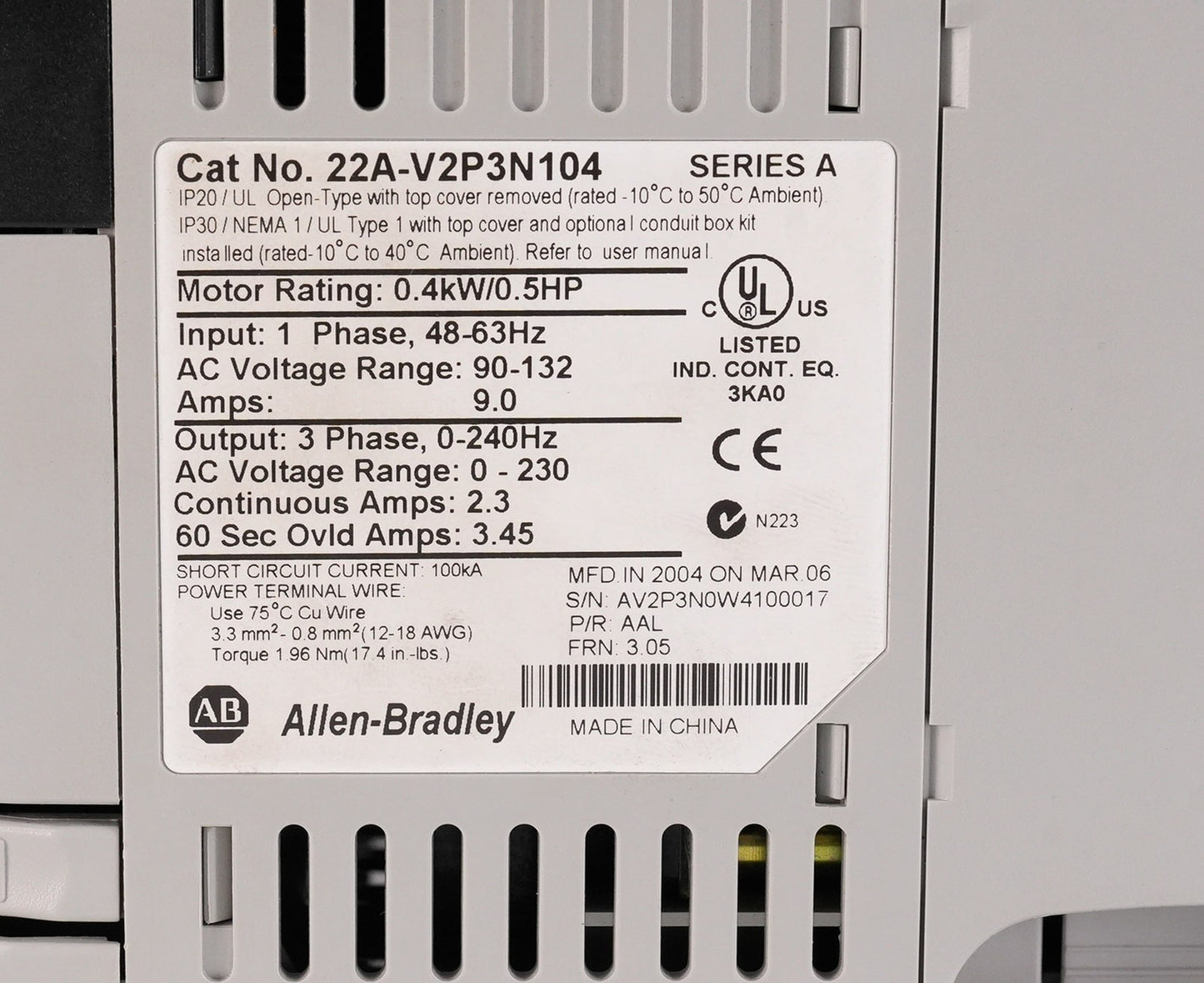 Allen Bradley 22A-V2P3N104 /A PowerFlex 4 AC Drive 0.4kW 0.5HP 22AV2P3N104