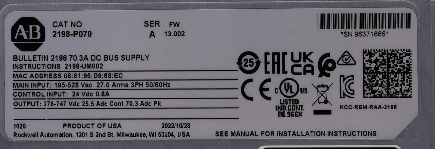 Allen Bradley 2198-P070 /A FW 13.002 Kinetix 5700 Bus Supply 2198P070