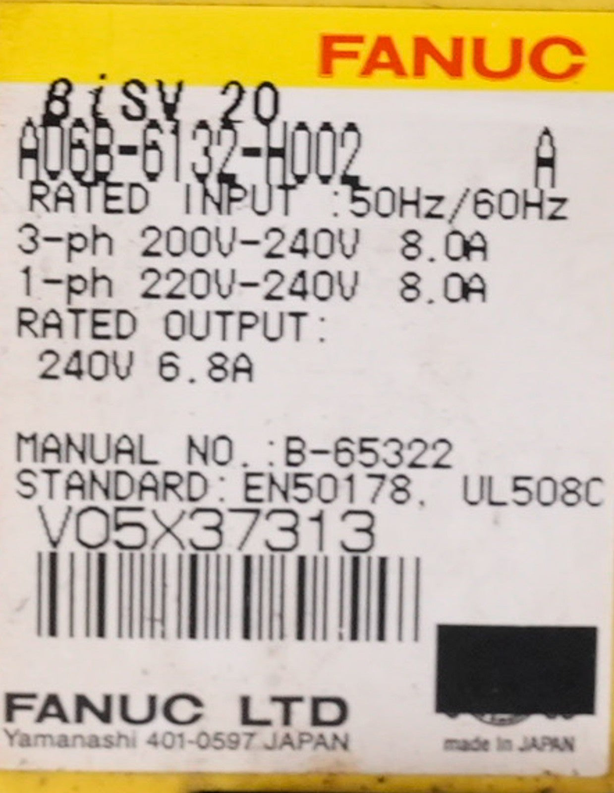FANUC A06B-6132-H002 BiSV 20 Servo Amplifier Unit 3-Ph 200/240V 8A A06B6132H002