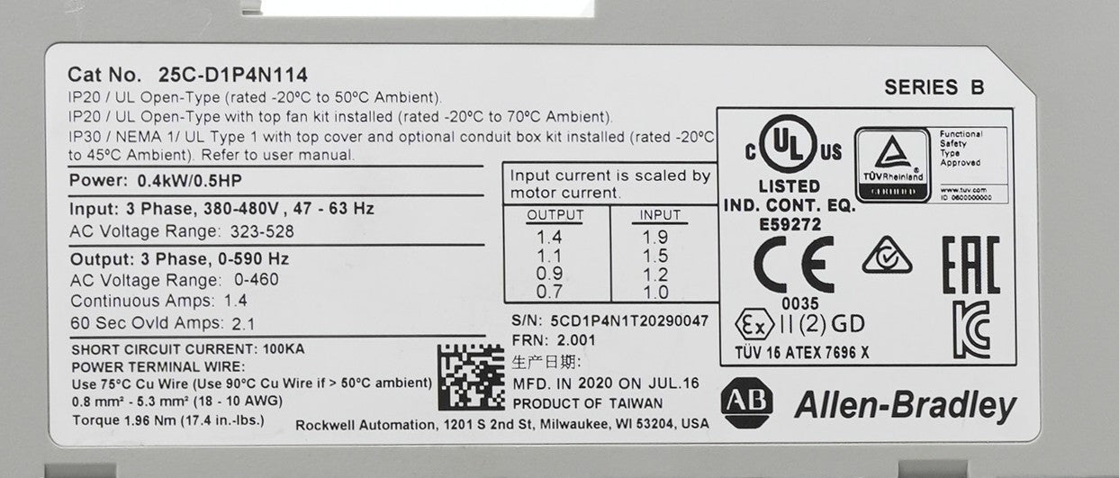 Allen Bradley 25C-D1P4N114 /B PowerFlex 527 3-Phase AC Drive 25CD1P4N114