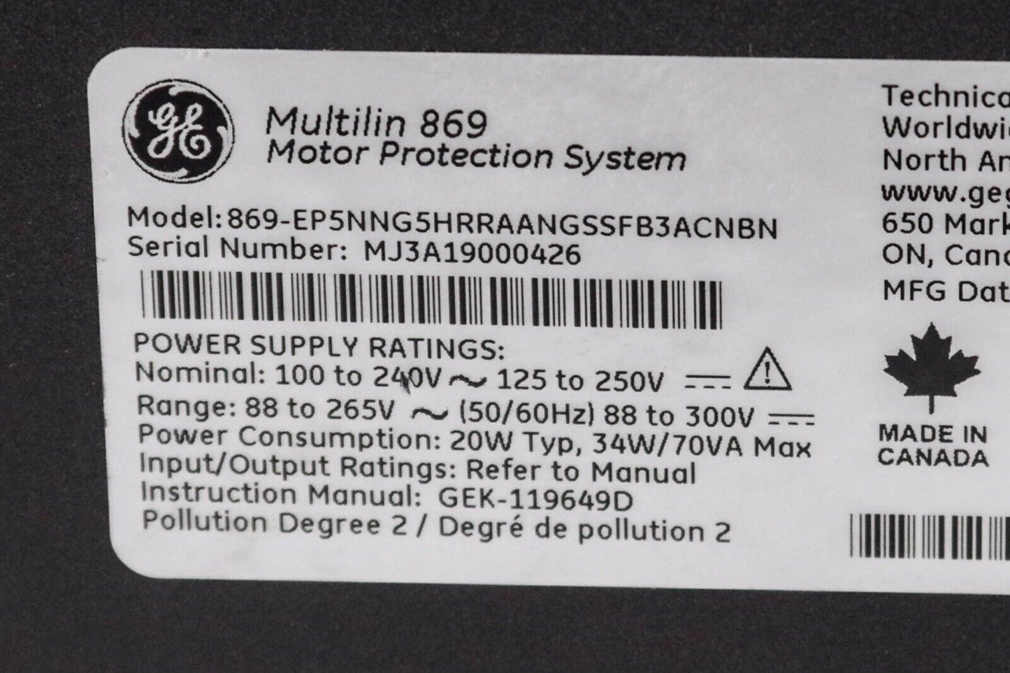 GE Multilin 869 Motor Protection System 869-EP5NNG5HRRAANGSSFB3ACNBN