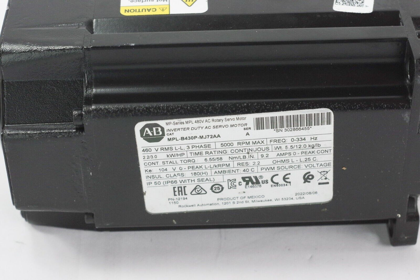 Allen Bradley MPL-B430P-MJ72AA SER A 460VAC 9.2A - No Box