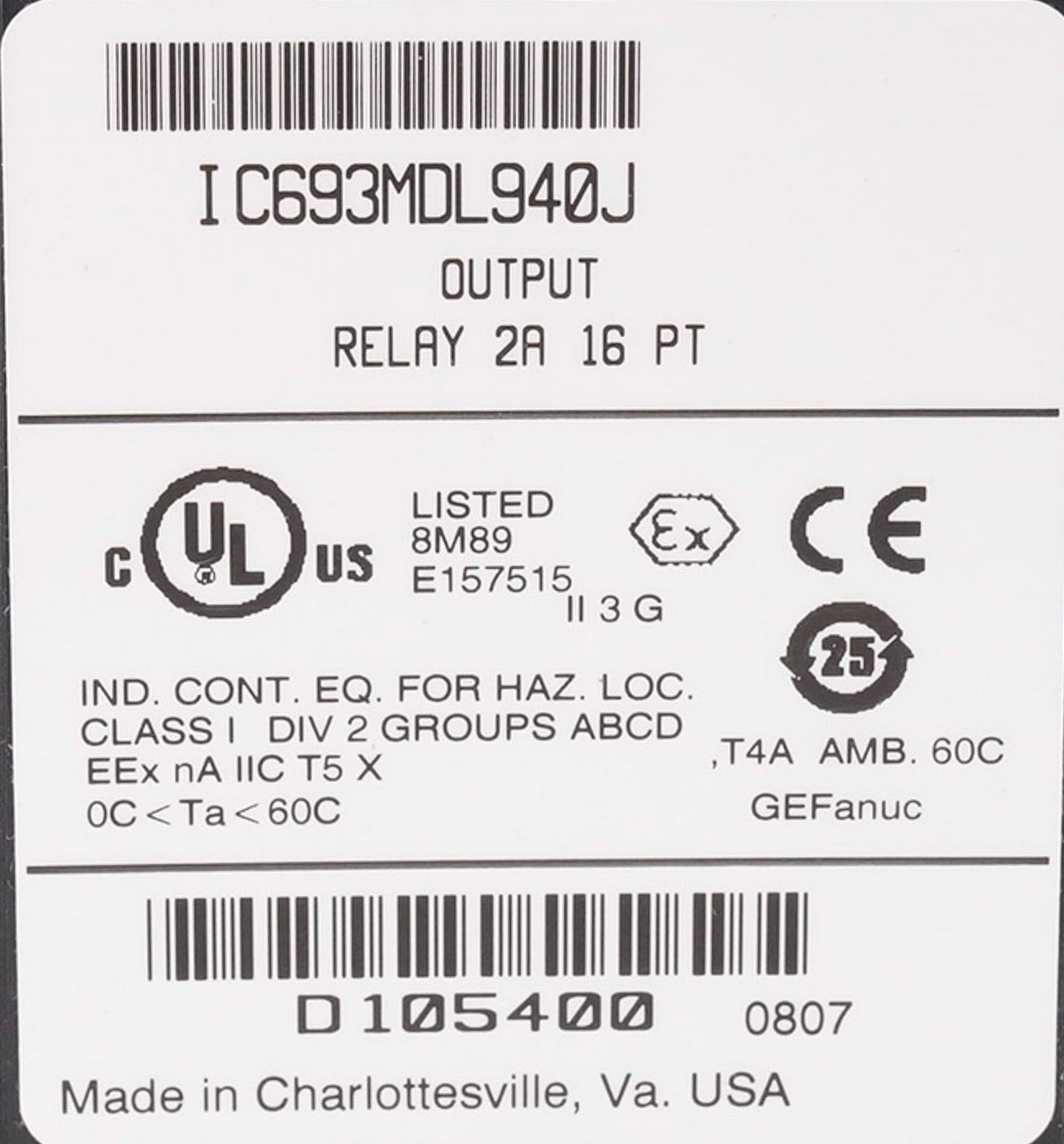 GE FANUC IC693MDL940J Output Relay 2A 16-Point Module IC693MDL940J