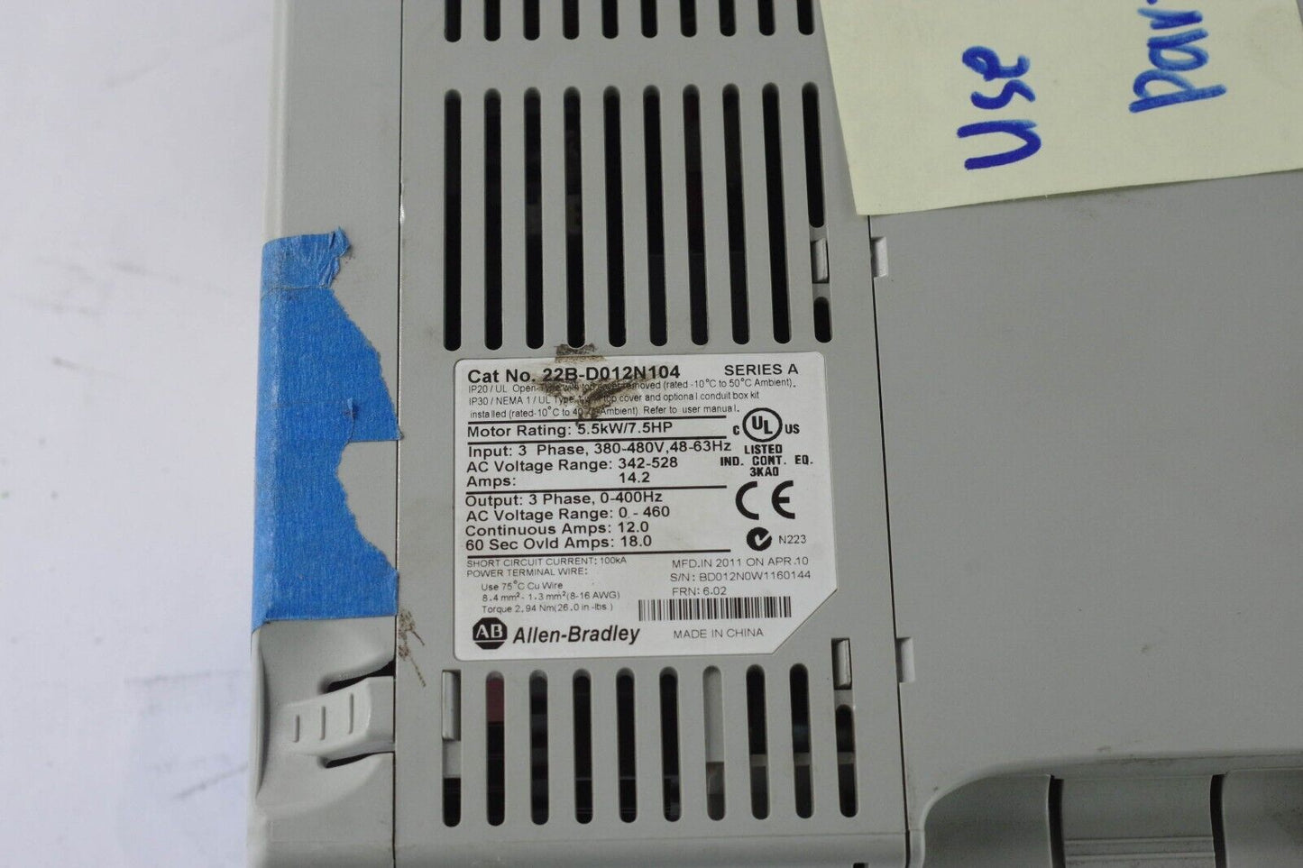 Allen Bradley 22B-D012N104 Ser A PowerFlex 40 12A 7.5HP AC Drive - Parts/Repair