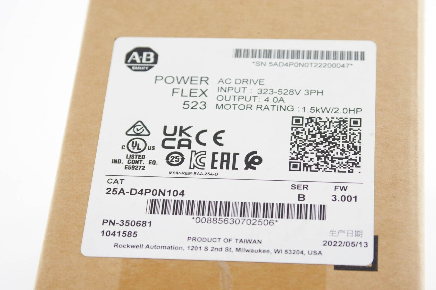 Allen Bradley 25A-D4P0N104 / 25AD4P0N104 Ser B PowerFlex 523 AC Drive 2.0HP 480V