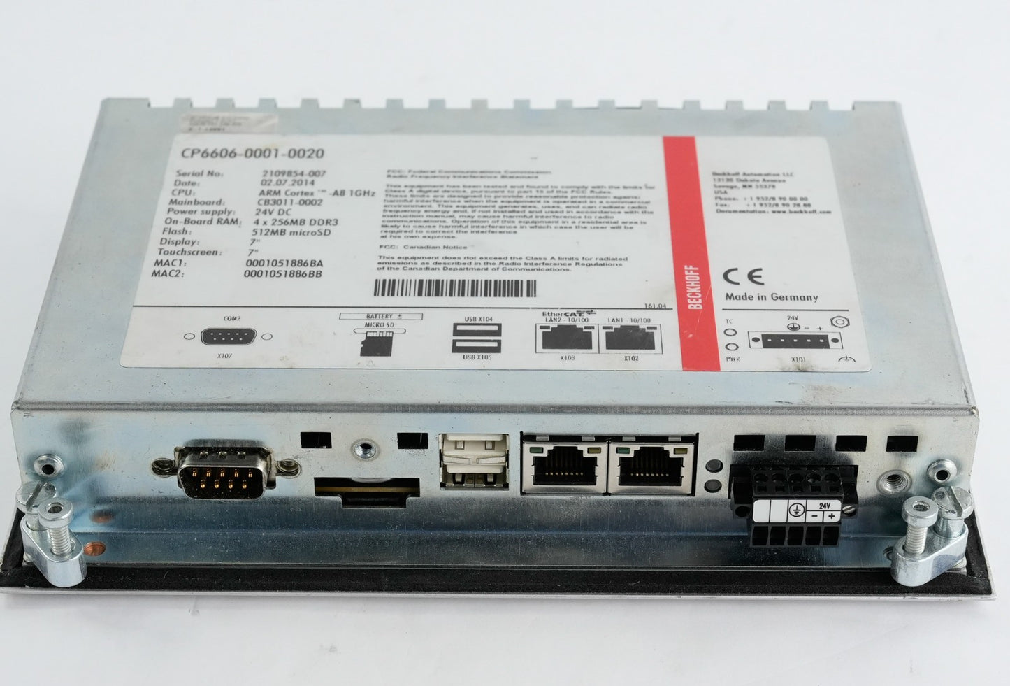 Beckhoff CP6606-0001-0020 HMI Built-In Panel PC Touch Screen 7" 2014 24VDC