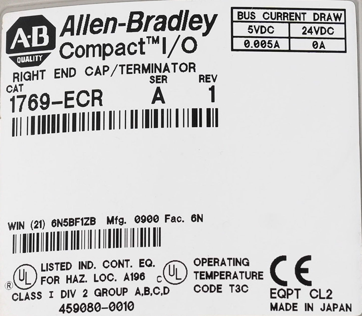 Allen Bradley 1769-ECR /A Rev 1 Compact I/O Right End Cap Terminator 1769ECR