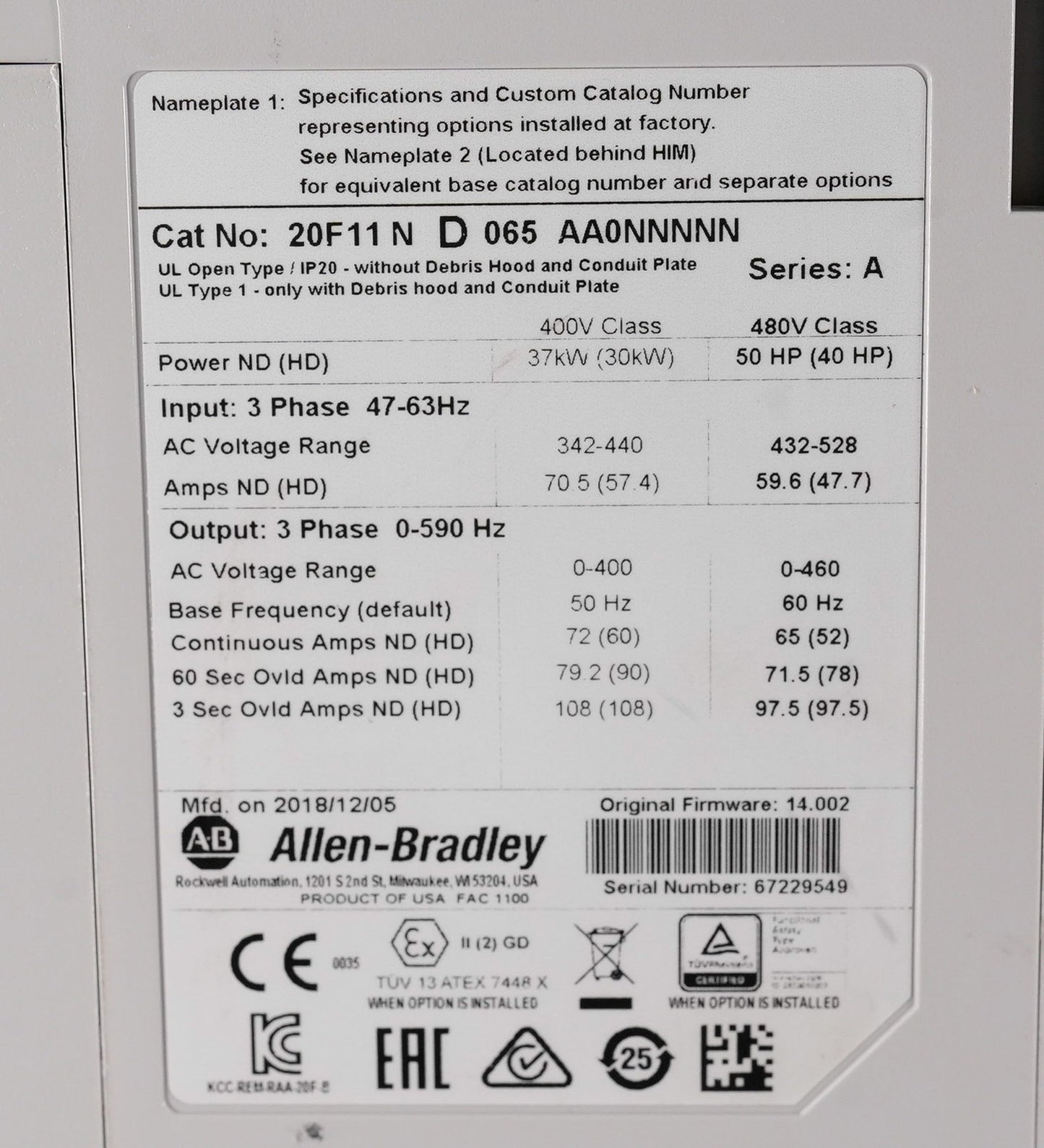Allen Bradley 20F11ND065AA0NNNNN /A PowerFlex 753 AC Drive 480V 3-Phase 50HP