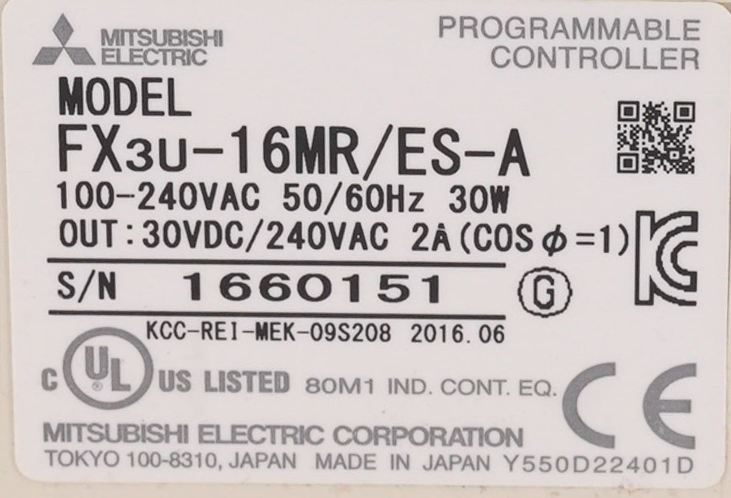 Mitsubishi Electric FX3U-16MR-ES-A Programmable Controller 30W FX3U16MRESA