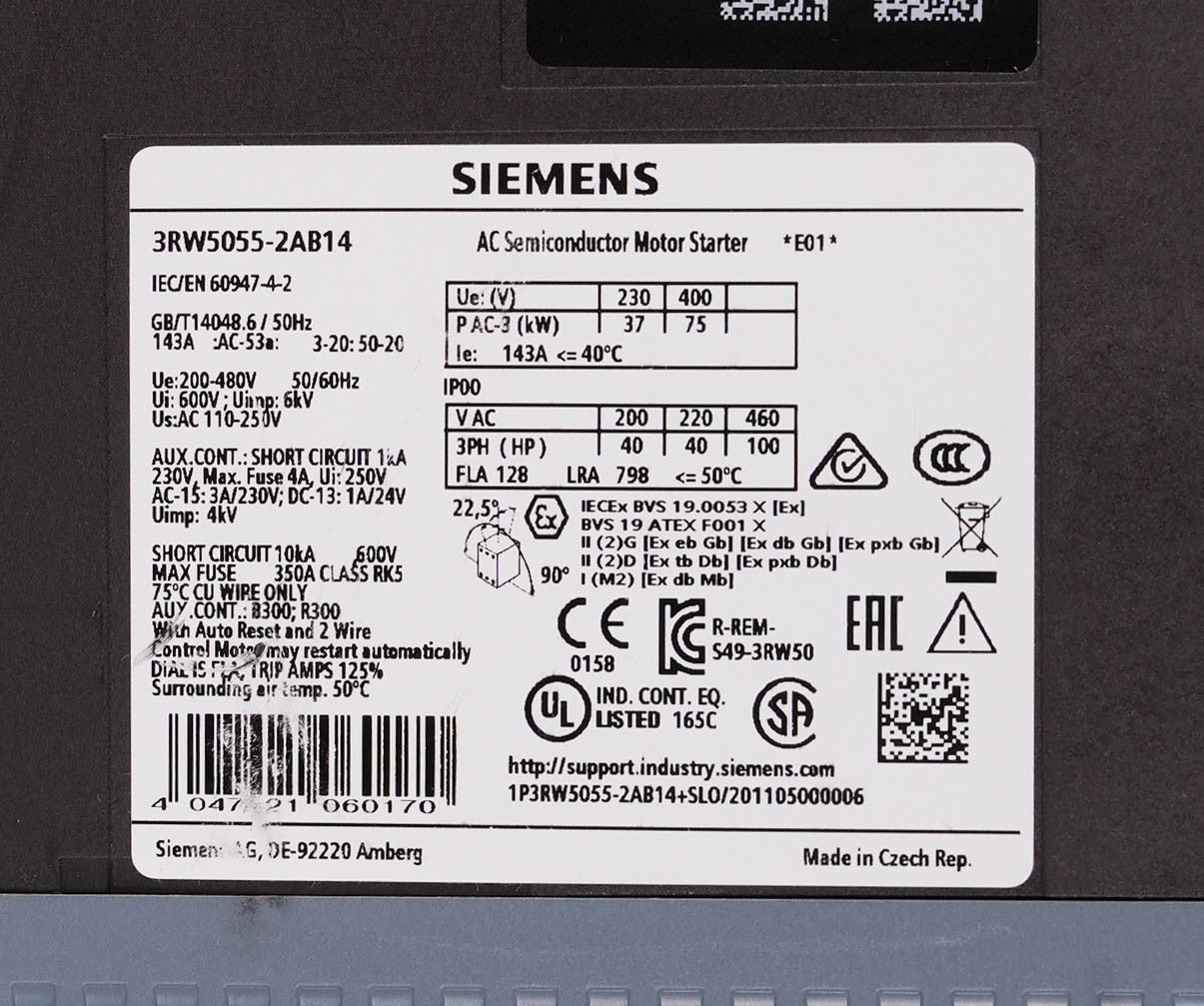 Siemens 3RW5055-2AB14 Sirius AC Semiconductor Soft Motor Starter 143A 200-480V